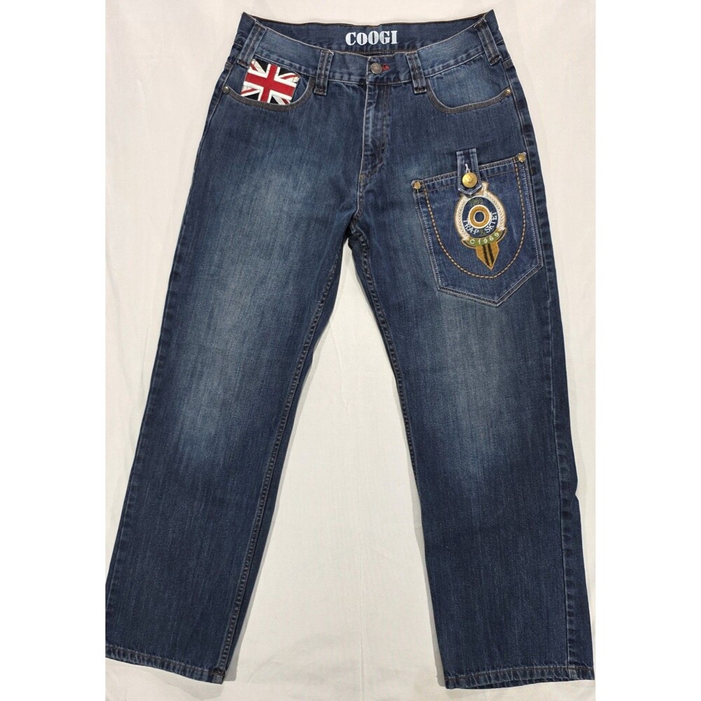 Y2K COOGI Mens Jeans 34x31 Retro Australian/Union Jack Flags Baggy Streetwear